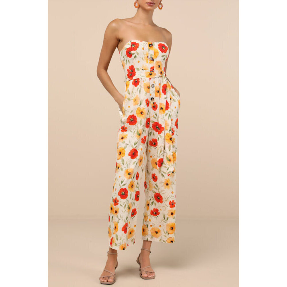 Lulus Sunny Day Classic Ivory Floral Strapless Jumpsuit White - Size XS